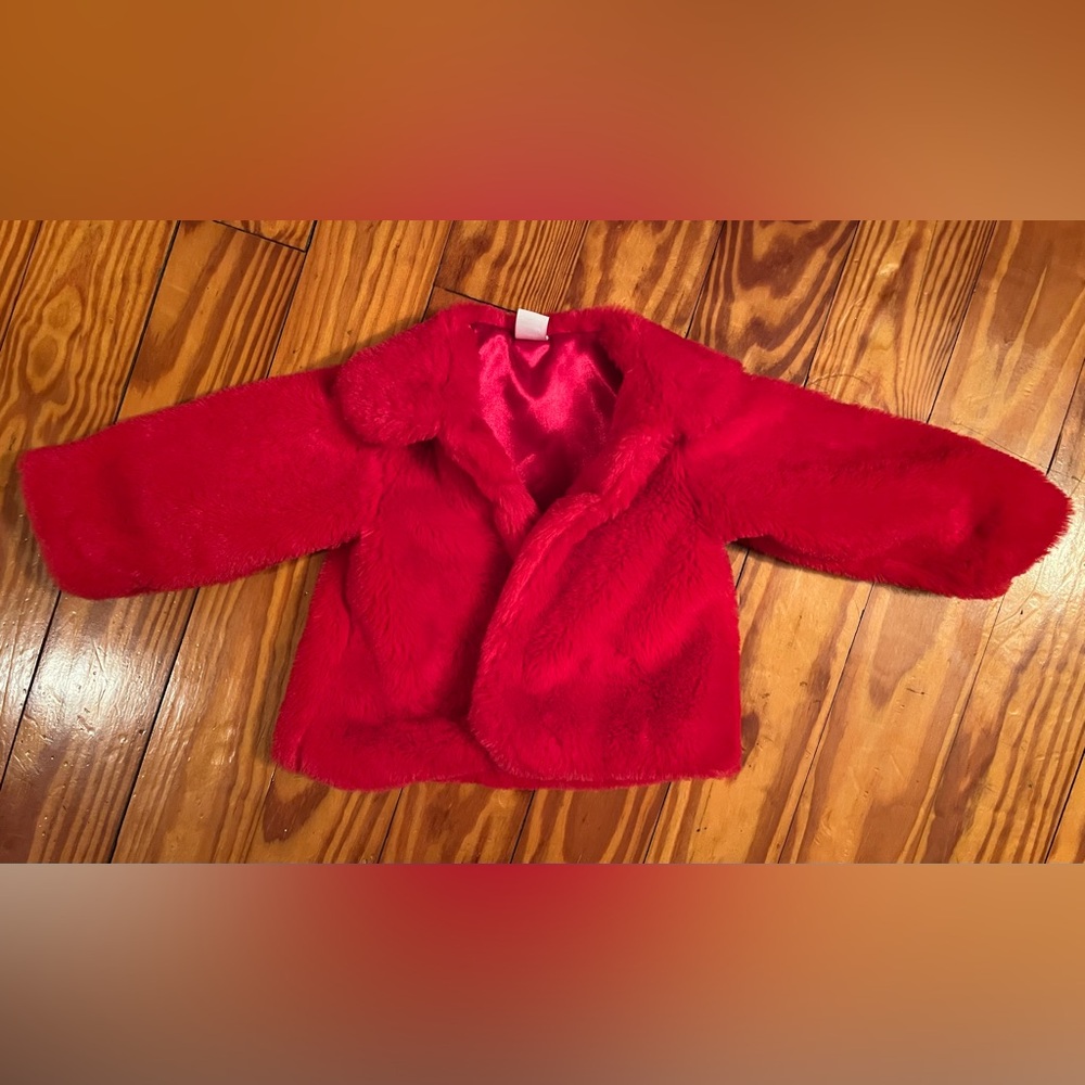 Baby Essentials Girls 6M Bright Red Faux Fur Dress Coat - Soft Plush Fuzzy Coat
